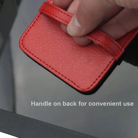 4 Pack Elastic Strap Screen Cleaning Pads With Soft Cloth Wipes For All Screens Including iPad iPhone MacBook Tablet Laptop TV Camera Color Mixed Super Handy For Travel And Everyday Use with red PU leather handle close-up