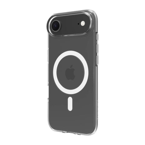 Clear phone case with MagSafe compatibility viewed from the side, showing camera cutout and magnetic circle design.