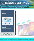 30A MPPT Solar Charge Controller with LCD, showing remote settings via mobile phone app and PC software