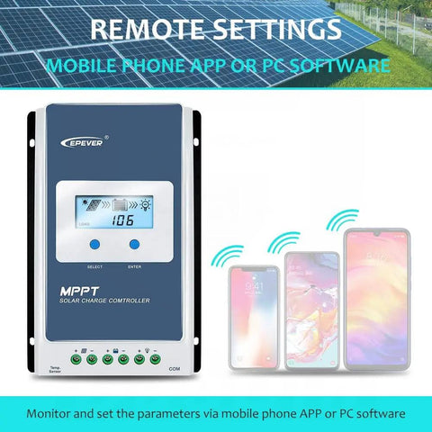 30A MPPT Solar Charge Controller with LCD, showing remote settings via mobile phone app and PC software