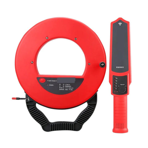 Sick Rock Solid Stud Finder Wall Scanner detecting pipes and cables, red handheld design for deep scanning up to 50 cm.