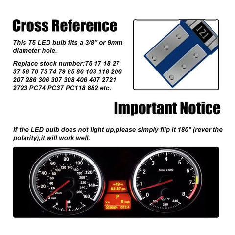 T5 LED Bulbs 12V Replacement For Car Dashboard Lights Canbus Error Free White 2721 3030 SMD, product details with gauge image.