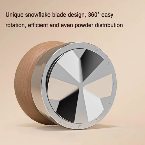 Big Time 58mm Espresso Accessories Kit Featuring Slick Stirrer Distribution Tool And Spring Loaded Distributor Leveler With Magnetic Fixation, showing unique snowflake blade for even powder distribution.