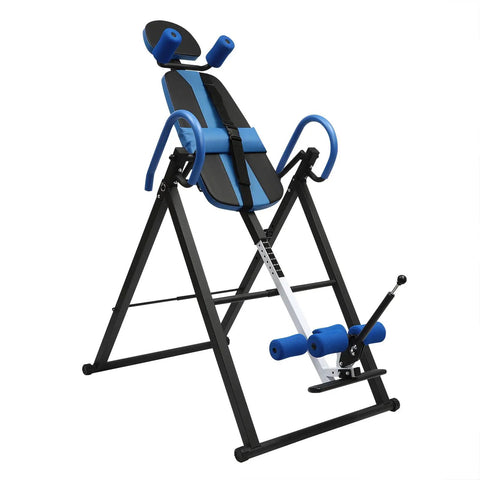 Blue and black inversion table for back pain relief with a 330lb capacity, decompression stretcher for home therapy