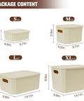 Package content showing stackable beige storage bins with lids, labeled sizes S, M, L, and XL with measurements, for home and office organization.