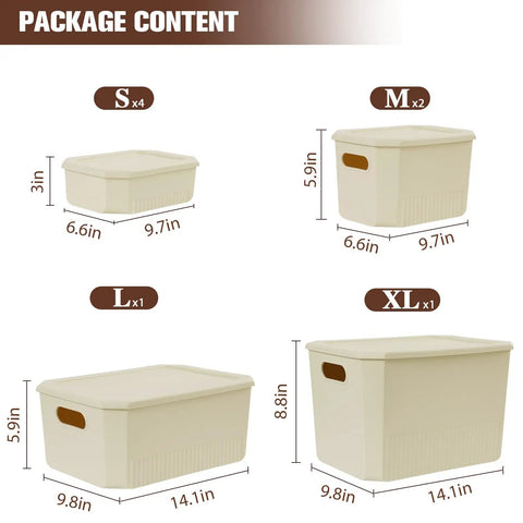 Package content showing stackable beige storage bins with lids, labeled sizes S, M, L, and XL with measurements, for home and office organization.