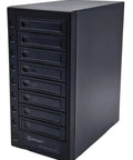 Usb 4 0 Type C Eight Bay Sata Hard Drive Enclosure showing eight drive slots and power button in sleek black design.