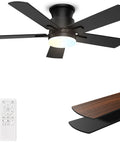Super Slick 42 Inch Flush Mount Ceiling Fan With Remote And Dimmable 3Cct Led Light Six Speeds Smooth Reversible DC Motor, black blades and LED light.
