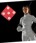 Fencer with Durable Double Sided Rubber Fencing Target For Indoor And Outdoor Practice hanging in background