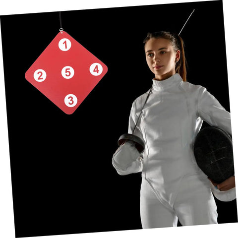 Fencer with Durable Double Sided Rubber Fencing Target For Indoor And Outdoor Practice hanging in background