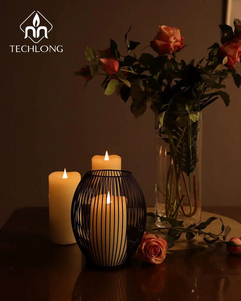 Flickering Flameless Candles With 3D Moving Flame 1000 Plus Hours Battery Operated Pillar Candles With Timer Ivory Real Wax LED Candles For Weddings And Holiday Parties 3x5 Decor on a table with flowers
