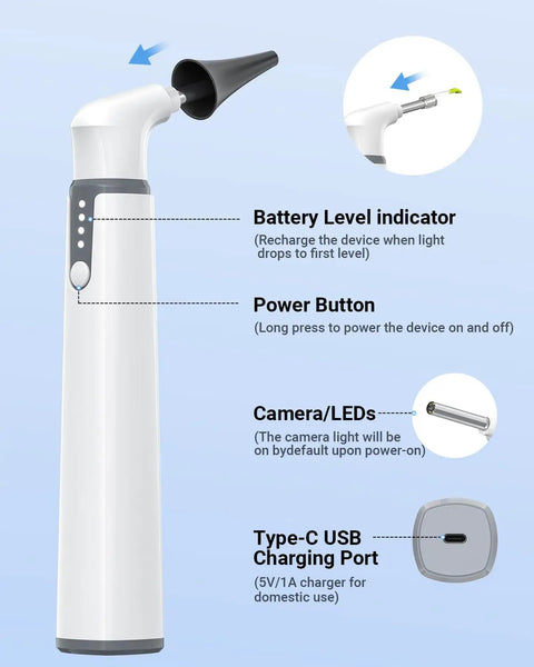 Ultra Thin 3.9mm Ear Otoscope Camera With Light For HD Ear Inspection At Home Kid And Adult Friendly Movement Sensitive Clear Inside View Safe Easy Peasy Ear Checks And Ear Health Tool, white body with LED camera, power button, battery indicator, Type-C port