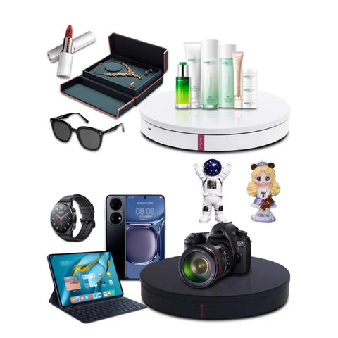 360 Electric Turntable Rotating Display Stand With Knob Control USB Power Base For Jewelry Shoes And Glitter Cups Shooting White 16 inch showcasing various products.