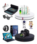 Heavy Duty 300 Lbs Motorized Rotating Display Stand For Photography And 3D Scanning showcasing various products including cosmetics and electronics.