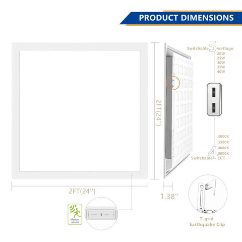 2x2 Backlit LED Panel Light With Boss Level Bright Output, 20W To 40W Options, Up To 6000 Lumens, product dimensions diagram