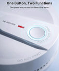 Premium Smoke Detector Alarm With 10 Year Tamper Resistant Lithium Battery UL 217 Certified showing button for testing and silencing.