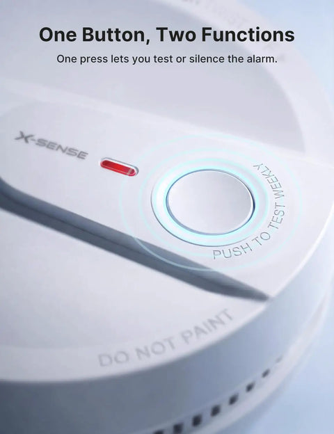 Premium Smoke Detector Alarm With 10 Year Tamper Resistant Lithium Battery UL 217 Certified showing button for testing and silencing.