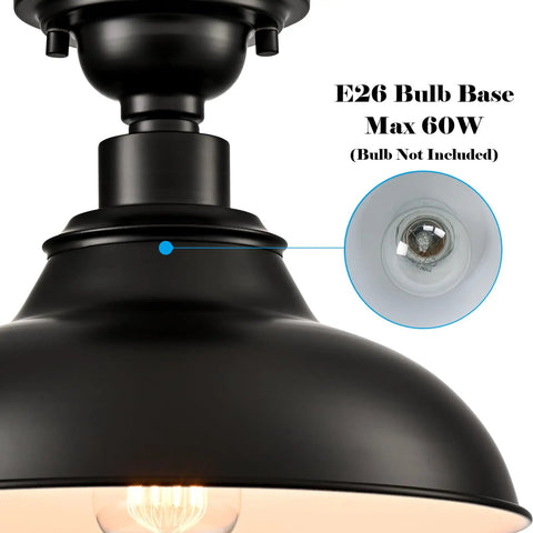 12-Inch Farmhouse Matte Black Dope Semi Flush Mount Ceiling Light With Barn Shade, E26 socket, close-up view