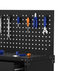 Heavy Duty Rolling Tool Cabinet With Two Drawers, Pegboard And Four Locking Wheels For Garage, Workshop Or Warehouse, tools organized on pegboard.