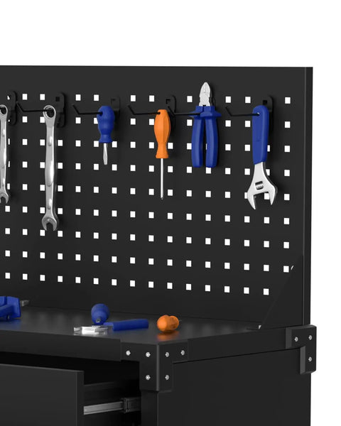 Heavy Duty Rolling Tool Cabinet With Two Drawers, Pegboard And Four Locking Wheels For Garage, Workshop Or Warehouse, tools organized on pegboard.