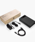 Dope USB 3.0 External Hard Drive Enclosure For 2.5 And 3.5 Inch SATA HDD Or SSD With Lightning Fast 5Gbps Bulk Transfers Up To 20TB Storage featuring a sleek black design, cables, and packaging.