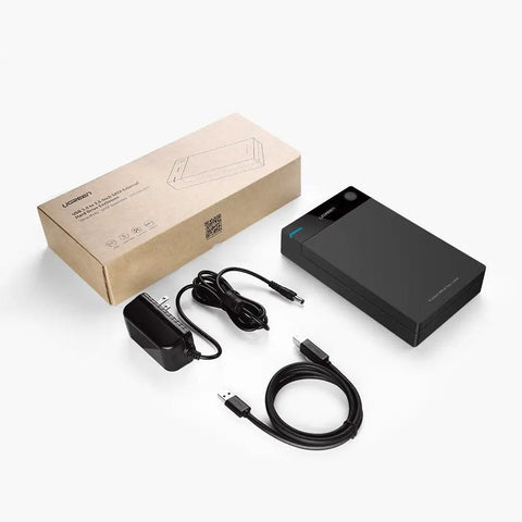 Dope USB 3.0 External Hard Drive Enclosure For 2.5 And 3.5 Inch SATA HDD Or SSD With Lightning Fast 5Gbps Bulk Transfers Up To 20TB Storage featuring a sleek black design, cables, and packaging.