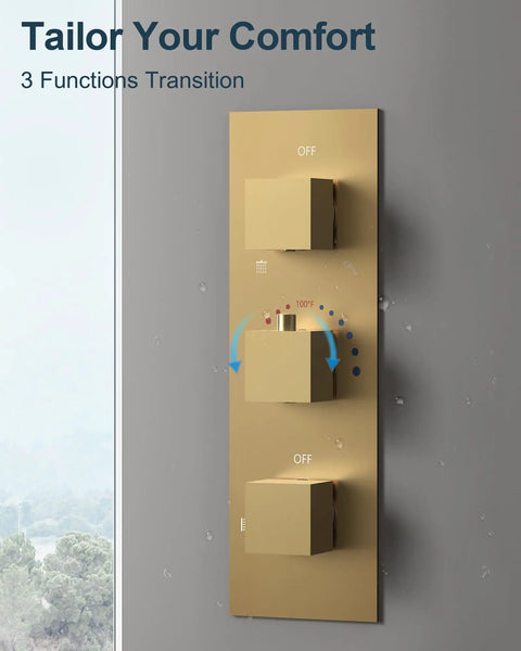 GRANDJOY 12" Shower System with Handheld Spray, Brushed Gold control panel showing 3 functions transition
