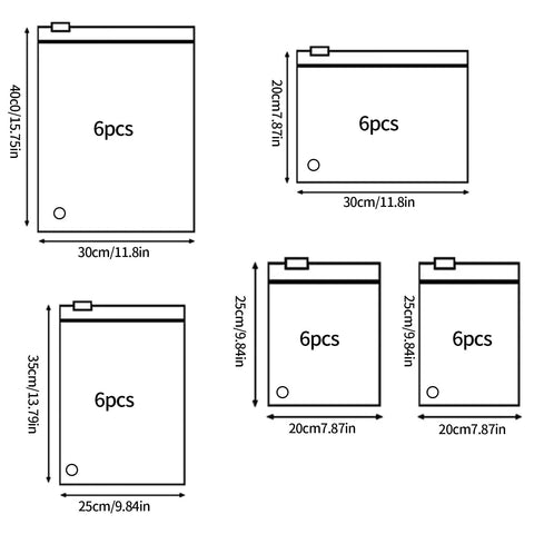 Diagram showing 30 Pack Transparent Reusable Clothes Storage Bags With Zip Lock For Travel And Storage Grab And Go Durable Frosted Waterproof Organizers in various sizes.