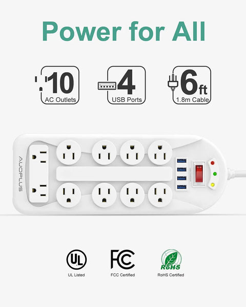 14 Outlet Power Strip With USB Ports, 6ft Heavy Duty Cord, Flat Plug Mountable Design, Overload Protection, ETL Listed, A Must-Have For Home Office Or Dorm Rooms, Space-Saving And Easy Charging For All Your Gadgets, shown with 10 AC outlets and 4 USB ports.