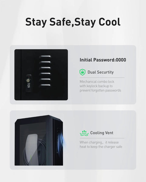 Outdoor EV Charger Enclosure Box For Wall Chargers Heavy Duty Steel Lock Box With Tempered Glass Front, security features shown