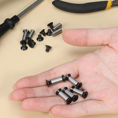 Hand holding 10 Pack Knife Handle Screws Hex Flat Head Pins Stainless Steel Rivets Fasteners For Blade Fixing With Adjustable Length 17.2 To 22mm