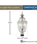 Lancaster Traditional Two Light Outdoor Post Fixture in antique brushed nickel finish, clear beveled glass, 21.5x10 inches, cETL listed.