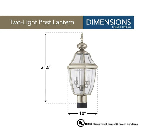 Lancaster Traditional Two Light Outdoor Post Fixture in antique brushed nickel finish, clear beveled glass, 21.5x10 inches, cETL listed.