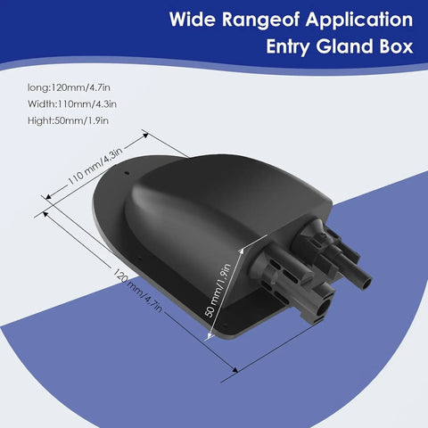 Waterproof Solar Cable Gland Entry Housing And Junction Box dimensions, shown with connectors for rooftop installations.