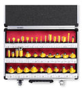 Pro Quality 35 Piece Tungsten Carbide Router Bit Set Featuring One Quarter Inch Shank For Heavy Duty Woodworking Milling And Trimming kit with yellow bits.