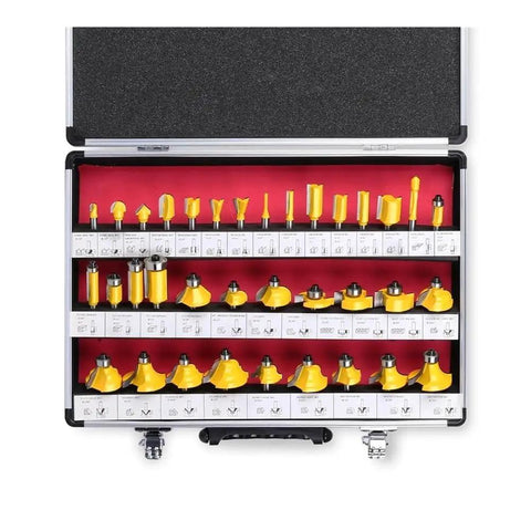 Pro Quality 35 Piece Tungsten Carbide Router Bit Set Featuring One Quarter Inch Shank For Heavy Duty Woodworking Milling And Trimming kit with yellow bits.