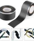 1 Inch By 5 Foot Black Self Fusing Silicone Repair Tape Waterproof Insulating Seal For Cars Pipes And Hoses Emergency Leak Repair Kit Durable Flexible Tape For Quick Home And Auto Fixes shown unrolled with examples of use on pipes and hoses.