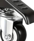 Close-up of Bombproof Retractable Workbench Casters Four Piece Pedal Lift Wheel Set with sturdy iron build and smooth rolling.