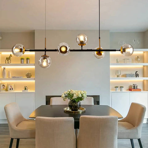 Mid-Century Glass Globe Pendant Light Fixture In Black And Gold, Semi-Flush Ceiling Chandelier For Kitchen Island setting