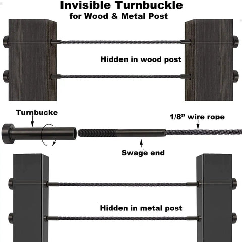Black Invisible Cable Railing Kit With Hidden Turnbuckles For Wood And Metal Posts, 1/8 inch stainless steel cable shown