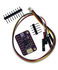 Dope 6DoF IMU Module With Accelerometer And Gyroscope For Wearables And Motion Sensing, Real Time Vibration Analysis, Tap Wake Up Detection, I2C SPI And I3C Interfaces, Tiny Yet Mighty Sensor Board For Projects. Purple PCB IMU module with jumper wires and headers