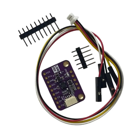 Dope 6DoF IMU Module With Accelerometer And Gyroscope For Wearables And Motion Sensing, Real Time Vibration Analysis, Tap Wake Up Detection, I2C SPI And I3C Interfaces, Tiny Yet Mighty Sensor Board For Projects. Purple PCB IMU module with jumper wires and headers