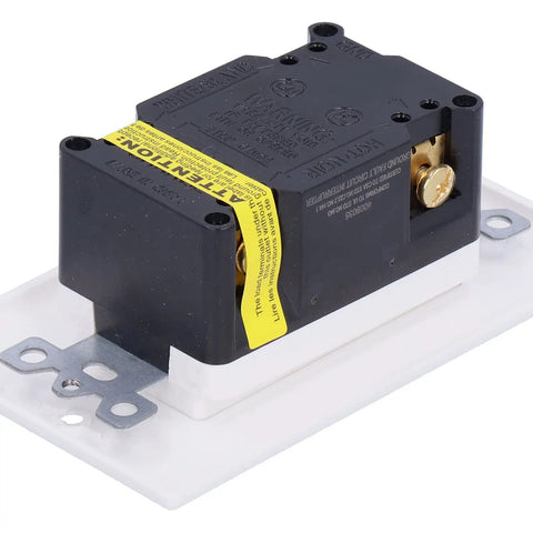 No Sweat GFCI Wall Outlet With Independent Safety Shutter Doors And Rock Solid Ground Fault Leakage Protection For Your Home Electrical Fix Ups At AC One Twenty Volts mounted on a white plate.