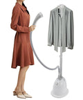 Effortless Standing Garment Steamer With Ironing Board, Adjustable Height, 1.4L Water Tank, woman steaming shirt
