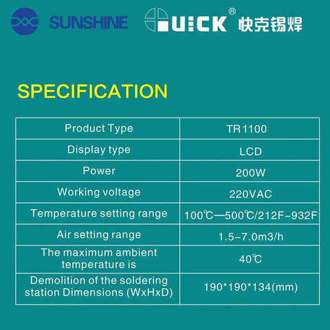 200W Hot Air Soldering Station For SMD Rework And Phone PCB Repair specification sheet with technical details