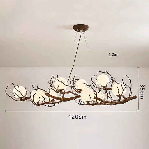 Sleek Vintage Moon Led Chandelier Boasts Natural Branch Silhouette And Nine Soft Glowing Fixtures To Level Up Your Chill Living Space While Durable Rust Resistant Build Guarantees Lasting Appeal For Bedrooms Or Cozy Restaurants, showing 120cm width and 35cm height.