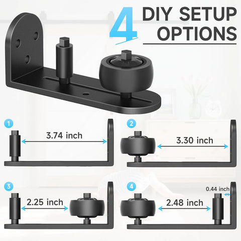 Image showing Two Pack Sliding Barn Door Floor Guide Set with Adjustable Rubber Rollers, Flush Flat Bottom, 4 setup options.