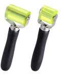 Two Size Car Sound Deadening Roller For Auto Audio Install PU Wheel Seam Roller With Wooden Handle Noise Insulation Roller For Heat Abatement Mats And Wallpaper Vibration Damping Contour Following And Tight Creases, featuring two different sized rollers with green wheels and black handles on a white background