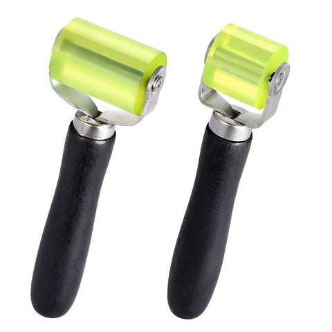 Two Size Car Sound Deadening Roller For Auto Audio Install PU Wheel Seam Roller With Wooden Handle Noise Insulation Roller For Heat Abatement Mats And Wallpaper Vibration Damping Contour Following And Tight Creases, featuring two different sized rollers with green wheels and black handles on a white background