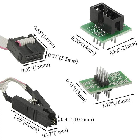 SOP8 To DIP8 Test Clip Kit For BIOS Chips, showing clip, socket connector, adapter board with measurements